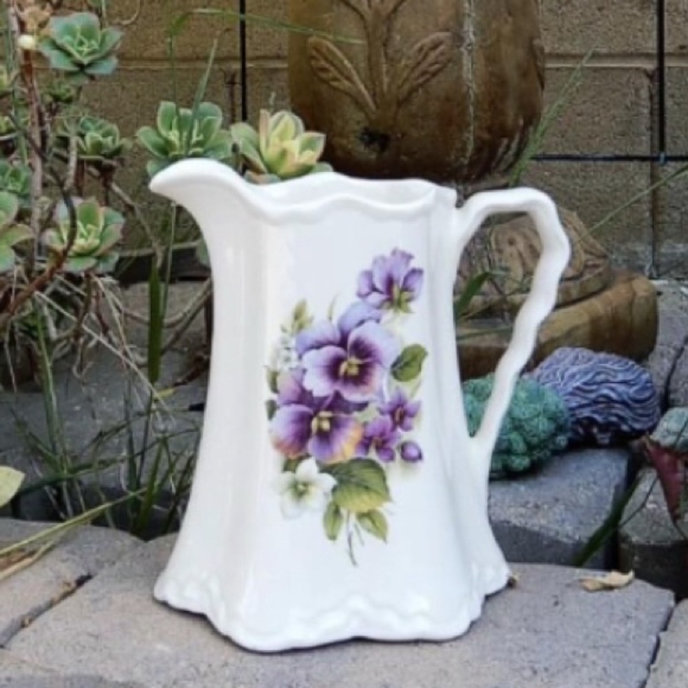 Floral Ceramic Pitcher with Violet Flowers